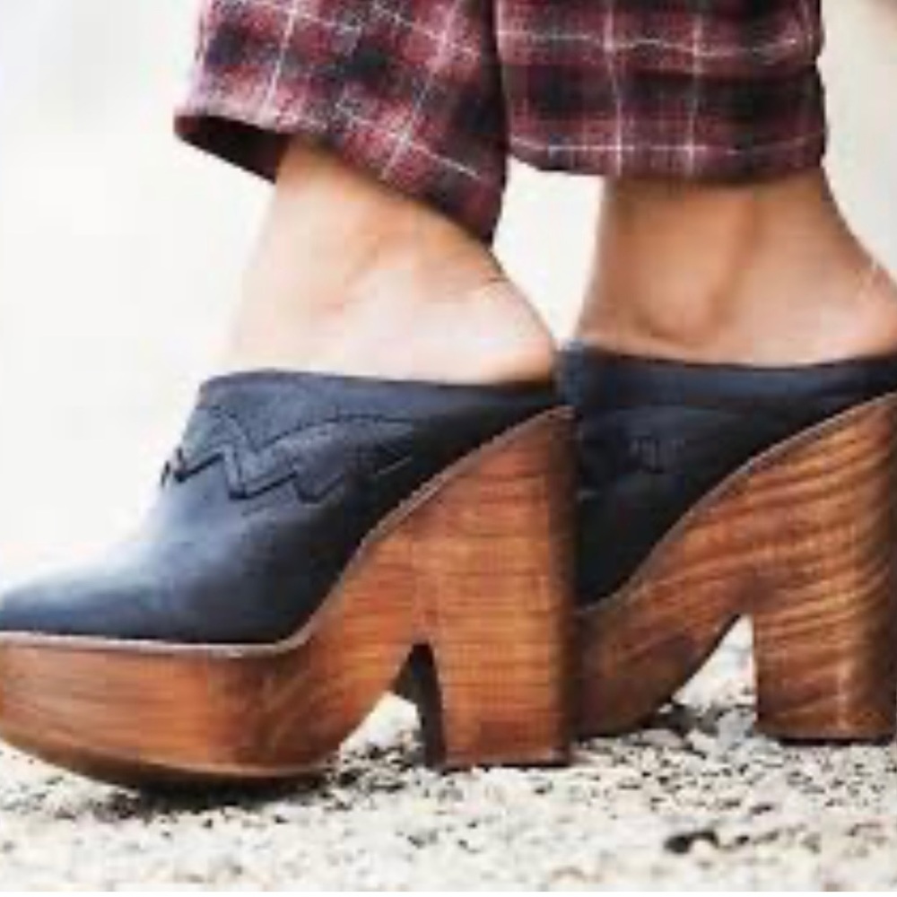 Free People Black Leather Platform Mule Clogs with Wood Heel